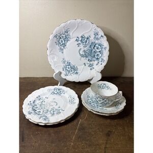 Lot Of 5 Vtg SF & Co England ELM Blue Floral Plates Tea Cup & Saucers